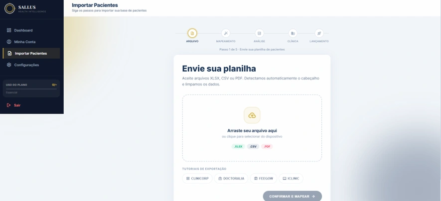 Tela de importação de planilha de pacientes na Sallus
