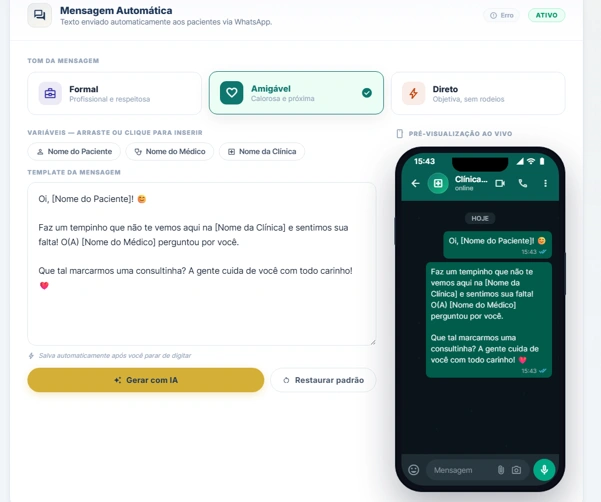 Configuração da mensagem automática de WhatsApp com tom de voz e pré-visualização